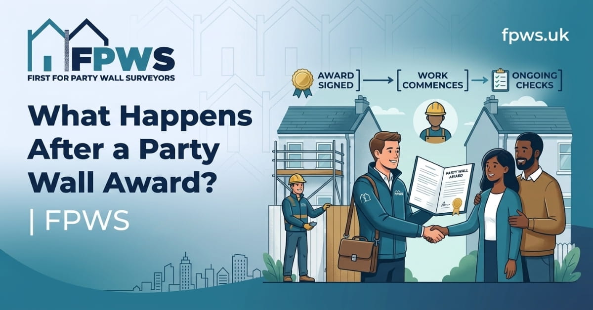 Banner showing FPWS logo and the title What Happens After a Party Wall Award with a couple shaking hands while a builder and bystanders look on construction site background