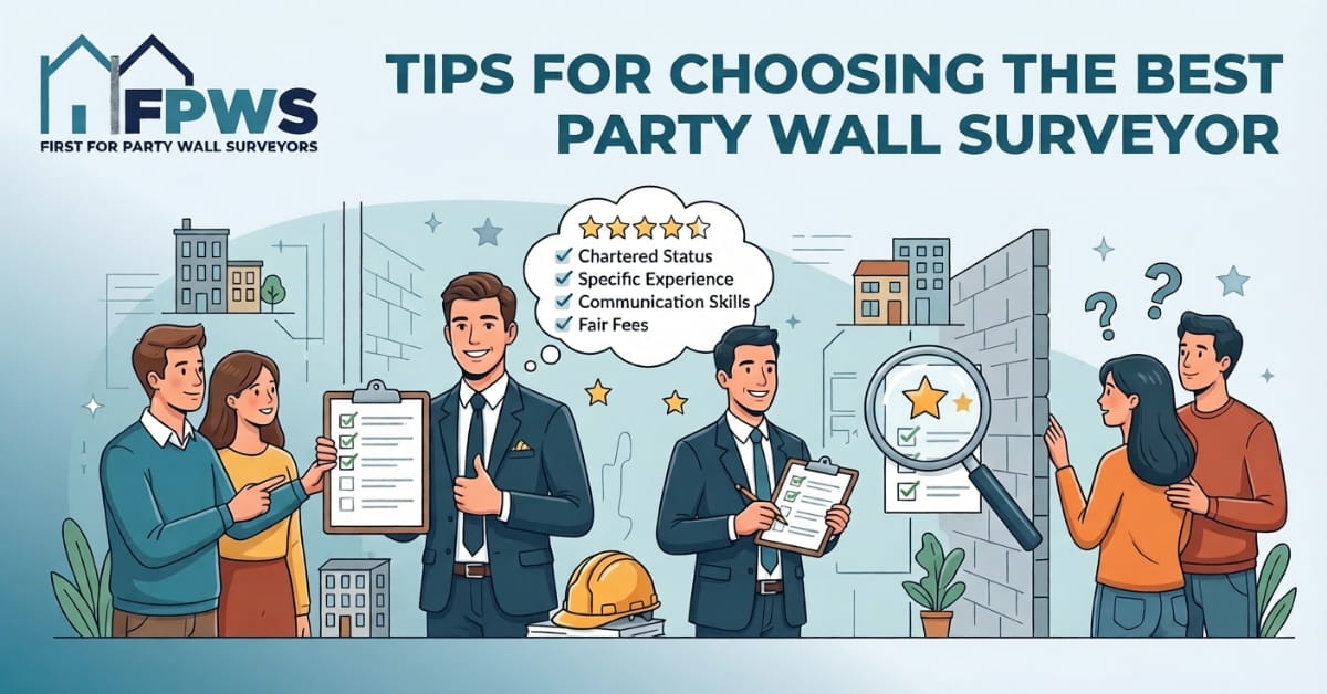 Banner illustration group of people discussing tips for choosing a party wall surveyor FPWS logo in top left and a checklist scene in the center