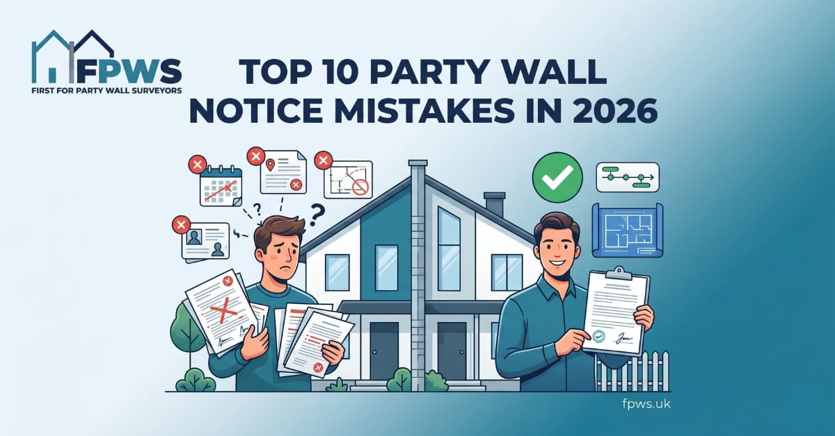 Banner illustration for an article about party wall notices two men stand in front of a house holding documents with checkmarks and crossed out forms around them FPWS logo visible